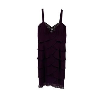 Purple Cocktail Dress Tiered Ruffle Beaded V Neck Mother Of The Bride Size 10